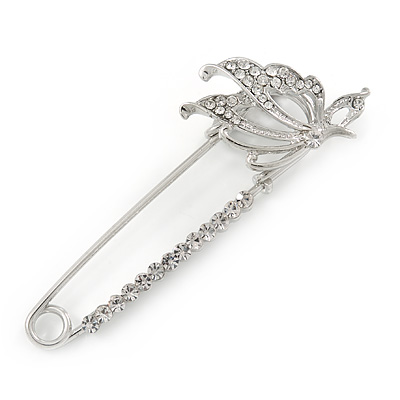 Rhodium Plated Crystal Butterfly Safety Pin Brooch - 65mm L - main view