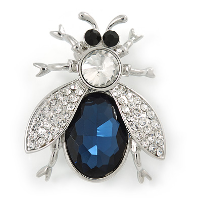 Clear/ Blue Crystal Fly Brooch In Rhodium Plated Metal - 35mm L - main view