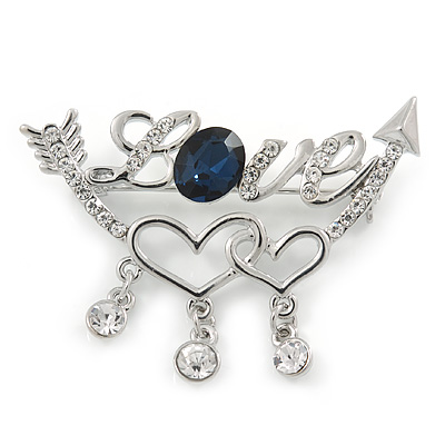 Clear Crystal, Blue CZ 'Love' Brooch In Rhodium Plated Metal - 50mm Across - main view