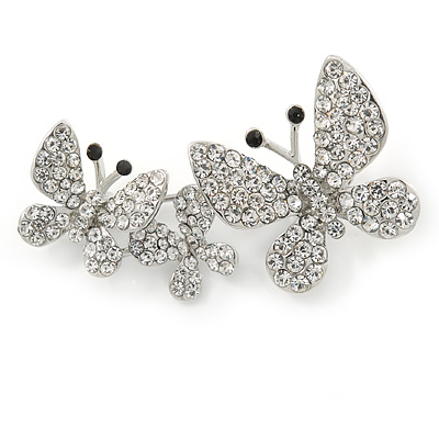 Rhodium Plated Clear Austrian Crystal Butterfly Brooch - 45mm Across