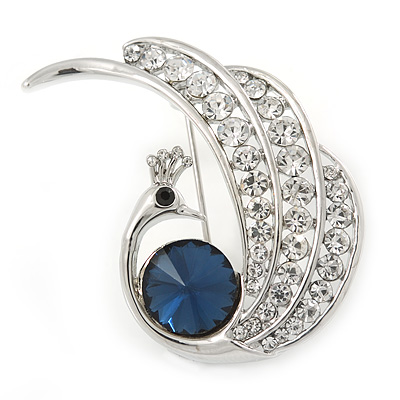 Rhodium Plated Montana Blue CZ, Clear Crystal Peacock Brooch - 40mm Across - main view