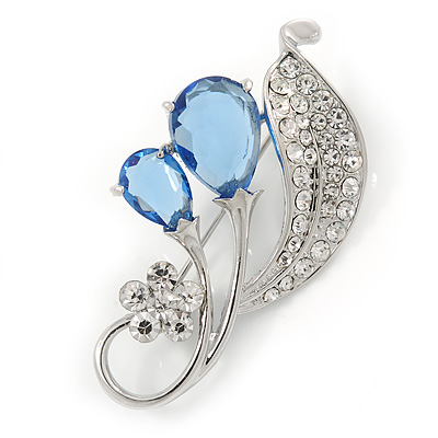 Rhodium Plated Light Blue CZ, Clear Crystal Floral Brooch - 50mm Across - main view
