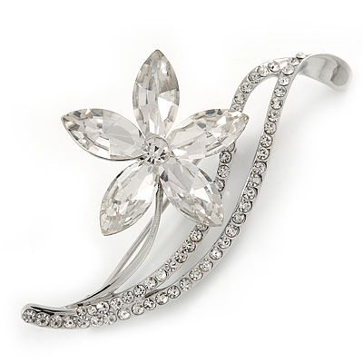 Clear CZ, Crystal Flower Brooch In Rhodium Plated Metal - 55mm Across - main view