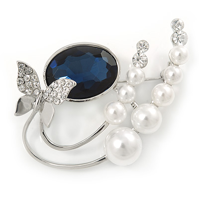 Rhodium Plated Blue CZ, Glass Pearl Floral & Butterfly Brooch - 45mm Across