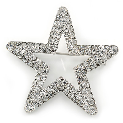 Silver Plated Clear Austrian Crystal Open Layered Star Brooch - 40mm Across - main view