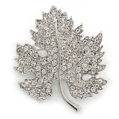 Clear Austrian Crystal Maple Leaf Brooch In Rhodium Plating - 40mm L