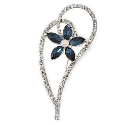 Open Asymmetrical Heart with Blue CZ Flower Brooch In Rhodium Plating - 65mm Across - main view