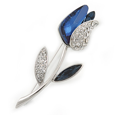 Exquisite Tulip Brooch In Rhodium Plated Metal (Blue/ Clear) - 60mm L - main view