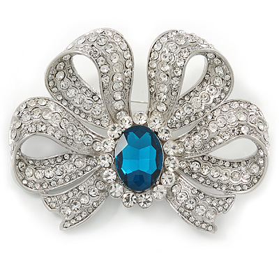 Large Clear Crystal, Teal CZ 'Bow' Brooch In Rhodium Plating - 70mm Across - main view