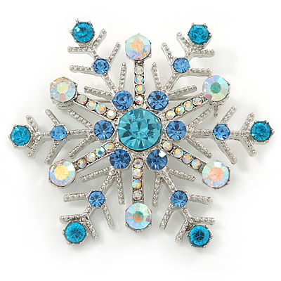 Crystal Snowflake Brooch In Rhodium Plating (Light Blue/ AB) - 52mm Across - main view