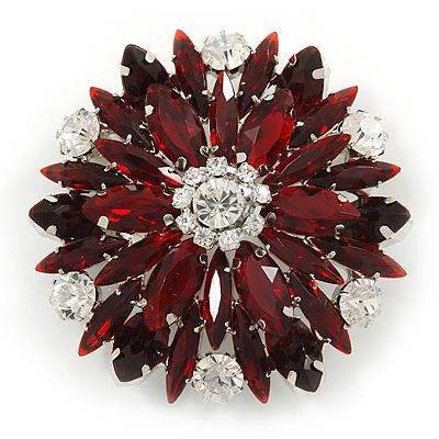 Burgundy Red/ Clear Acrylic Bead Corsage Flower Brooch In Silver Tone - 55mm Across - main view