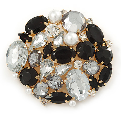 Black/ Clear Acrylic Bead, Faux Pearl Cluster Corsage Brooch In Gold Tone - 60mm Across - main view