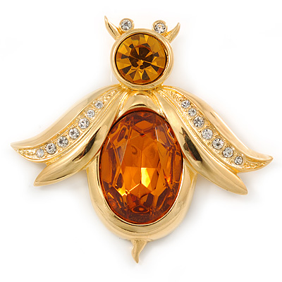 Funky Amber Coloured Glass Stone Bee Brooch In Gold Plating - 60mm Across