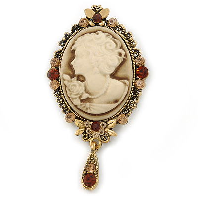 Vintage Inspired Amber/ Champagne Crystal Cameo with Charm Brooch In Antique Gold Tone - 70mm L - main view