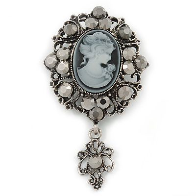 Vintage Inspired Hematite Crystal Cameo with Charm Brooch In Antique Silver Tone - 65mm L