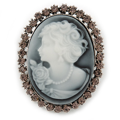 Vintage Inspired Grey Crystal Cameo In Antique Silver Metal - 48mm L - main view