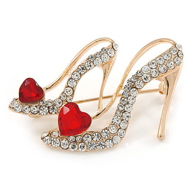 Gold Tone Clear/ Red Crystal High Heel Shoe Brooch - 40mm - main view