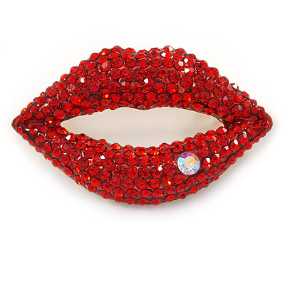 Hot Red Crystal Lips Brooch In Gold Plating - 50mm L