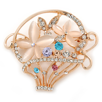 Gold Plated Basket with Crystal Flowers Brooch - 50mm L