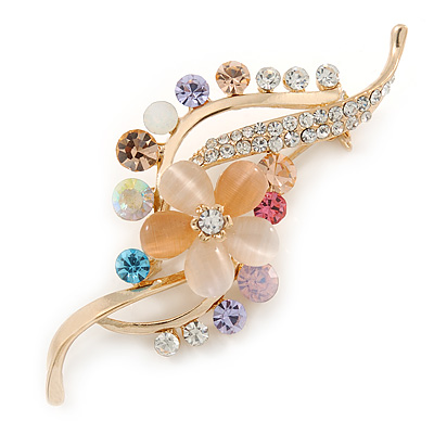 Multicoloured Cat Eye, Crystals Floral Brooch In Gold Tone - 65mm L