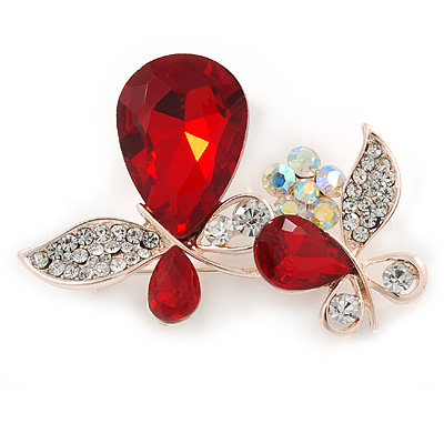 Clear Crystal, Ruby Red Glass Stone Double Butterfly Brooch In Gold Plating - 50mm Across - main view