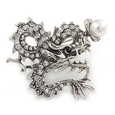 Clear Crystal Dragon with Pearl Brooch In Silver Tone - 50mm