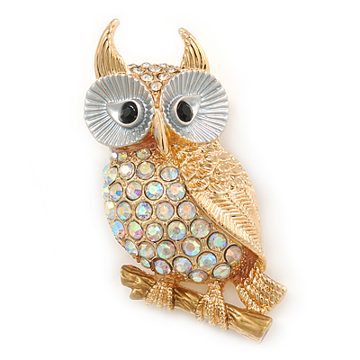 Gold Plated, White Enamel, Clear/ AB Crystal Owl Brooch - 45mm L - main view
