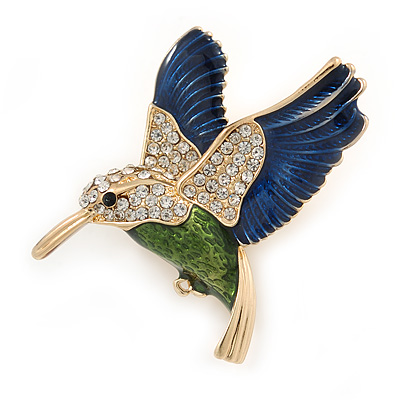 Multicoloured Crystal Hummingbird Brooch In Gold Plated Metal - 40mm - main view