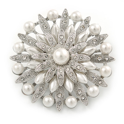 Bridal Vintage Inspired White Simulated Pearl, Austrian Crystal Layered Floral Brooch In Silver Tone - 50mm D - main view