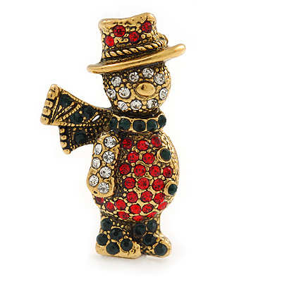 Vintage Inspired Christmas Crystal 'Snowman' Brooch In Antique Gold Tone Metal - 38mm L - main view