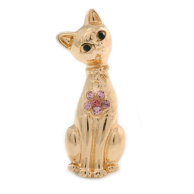 Gold Plated Kitty with Pink Crystal Flower Brooch - 60mm L
