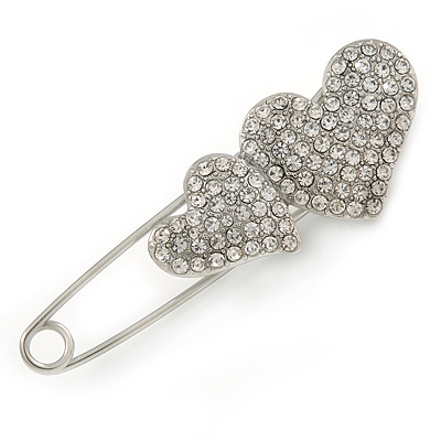 Rhodium Plated, Clear Crystal Double Heart Safety Pin Brooch - 70mm L - main view