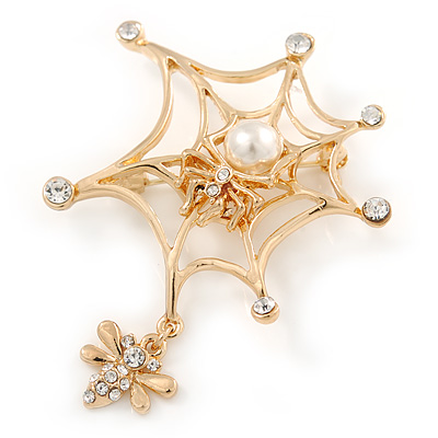 Gold Plated Clear Crystal Pearl Spider, Web and Fly Brooch - 60mm L - main view