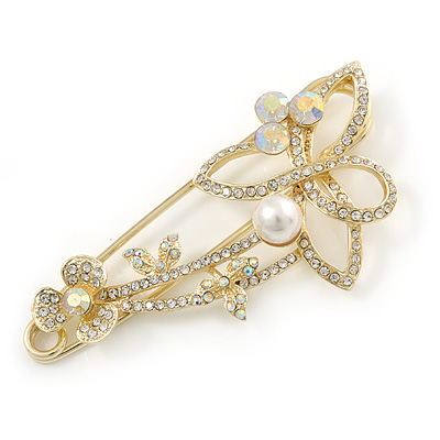 Oversized Clear/ AB Crystal, Pearl Floral Safety Brooch In Gold Tone Metal - 90mm L