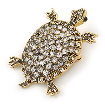 Vintage Inspired Clear Crystal Turtle Brooch In Antique Gold Tone Metal - 60mm L - main view