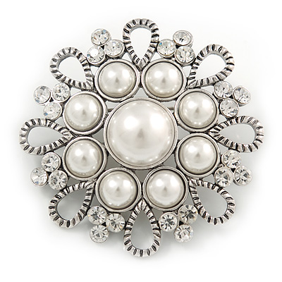 Vintage Inspired Bridal/ Wedding/ Prom Glass Pearl, Clear Crystal Flower Brooch In Silver Tone - 50mm D - main view