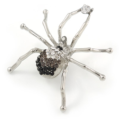 Black/ Grey/ Clear Crystal Spider Brooch In Rhodium Plated Metal - 60mm - main view