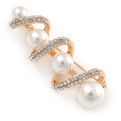 White Glass Pearl, Clear Crystal Spiral Fancy Brooch In Gold Tone - 60mm L - main view