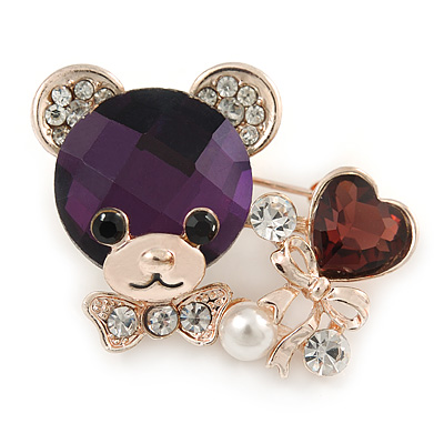 Purple/ Clear Crystal Bear with Heart Brooch In Gold Plating - 40mm W - main view