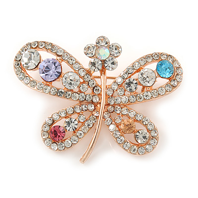 Multicoloured Crystal Butterfly Brooch In Rose Gold Tone - 40mm W - main view