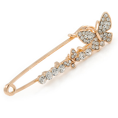 Medium Clear Crystal Double Butterfly Safety Pin In Gold Tone - 65mm L - main view