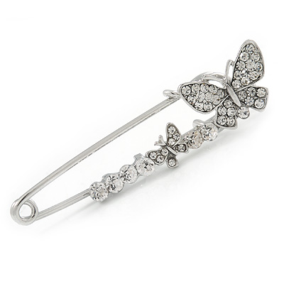 Medium Clear Crystal Double Butterfly Safety Pin Brooch In Silver Tone - 65mm L - main view