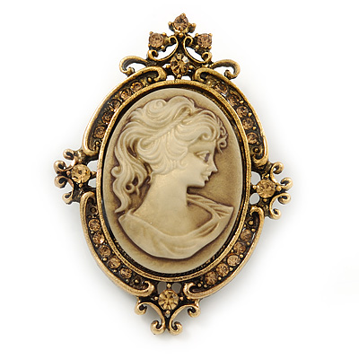 Vintage Inspired Champagne Crystal Cameo Brooch In Antique Gold Metal - 65mm - main view