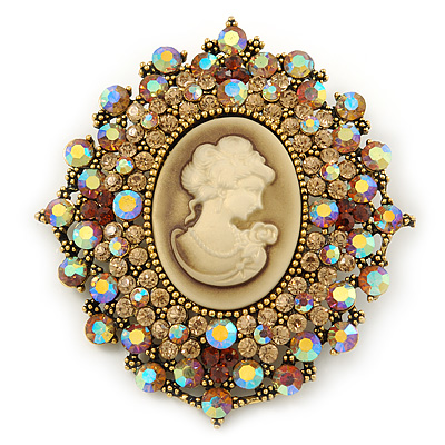 Oversized Crystal Tan Coloured Cameo Brooch/ Pendant In Gold Tone - 85mm L