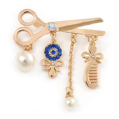 Gold Plated, Crystal, Pearl Hairdresser Charm Brooch - 45mm W - main view
