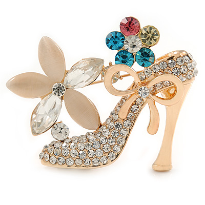 Gold Plated Crystal Shoe with Flowers Brooch - 45mm - main view