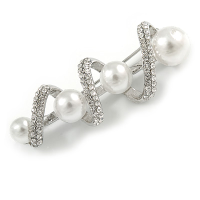 White Glass Pearl, Clear Crystal Spiral Fancy Brooch In Silver Tone - 60mm L - main view