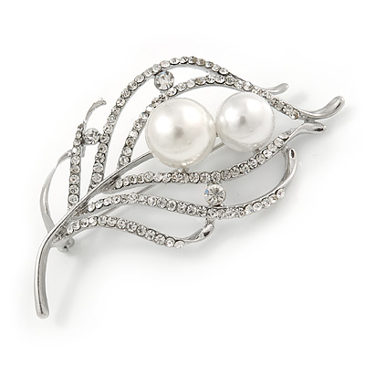 Silver Plated Clear Crystal Pearl Leaf Brooch - 75mm L - main view