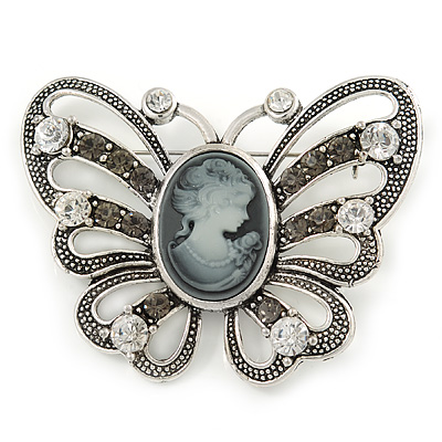 Vintage Inspired Grey Cameo Butterfly Brooch In Antique Silver Tone - 65mm W - main view