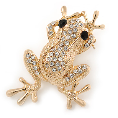 Gold Plated Clear/ Black Crystal Frog Brooch - 50mm L - main view